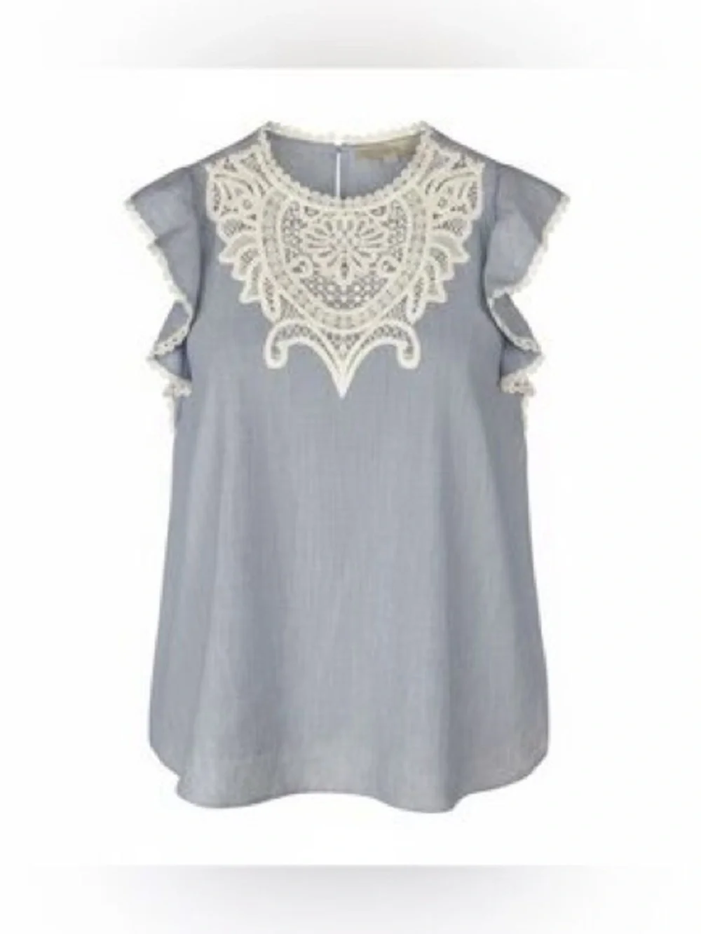 Crochet Loft Flutter Sleeve Top - Light Blue and white pin-stripe lace details L - Picture 2 of 11